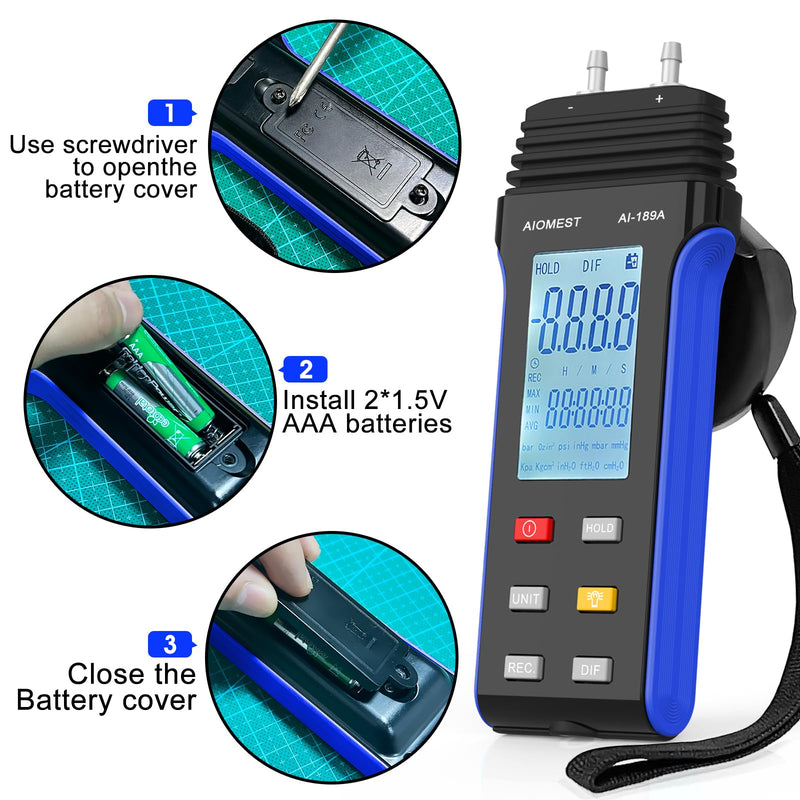 AIOMEST Digital Manometer Gas Pressure Tester ±2 psi / ±13.79 kpa, Dual Port Air Flow Pressure Gauge AI-189A for HVAC Gas Furnace