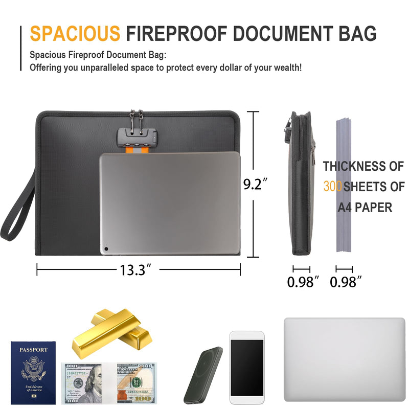 Fireproof Document Bag with Lock，13"×9.2" Fireproof Money Bag，with Zipper and Lock，Suitable for Tablets, A4 Documents, Cash, Mobile Phones, Credit Cards and Notarized Documents. Black 13*1*9 inches