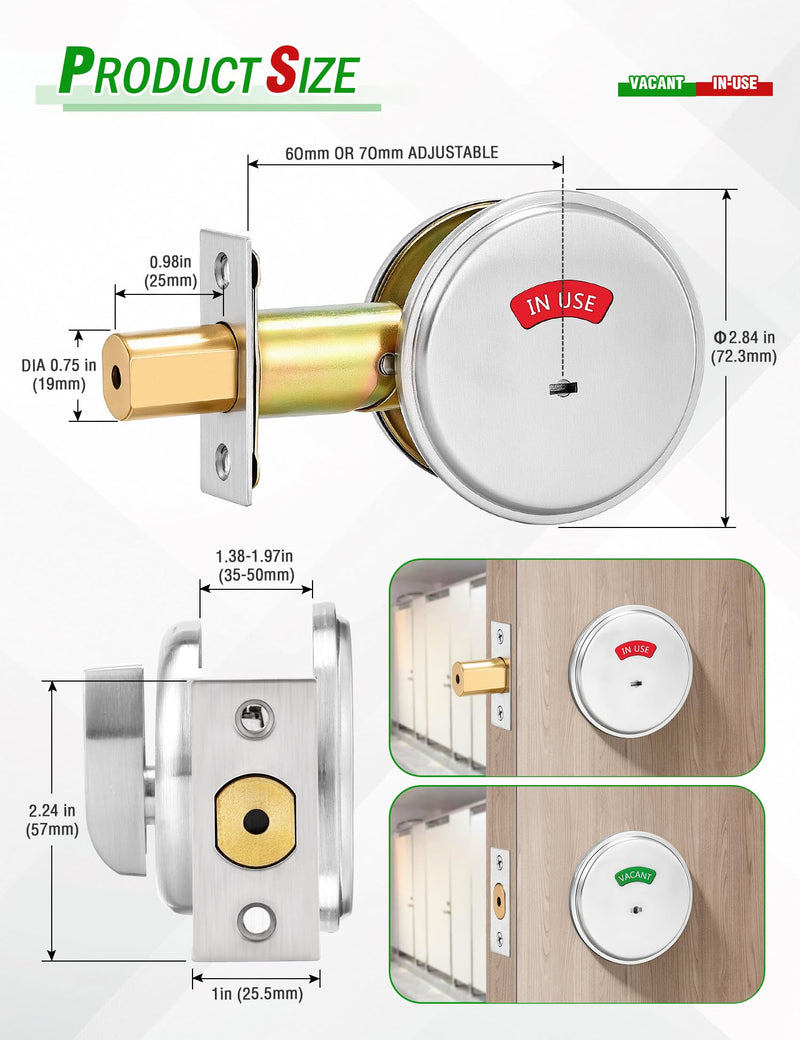 Commercial Bathroom Door Handle, Heavy Duty Privacy Indicator Lock with Vacant Occupied Sign, ANSI Grade 2 Bathroom Lock for Public Restrooms, Privacy Deadbolt for Toilet Stall - Sliver Silver-Deadbolt
