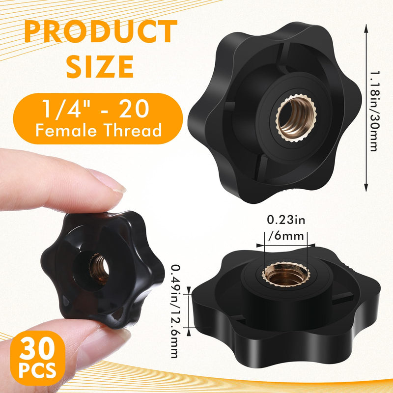 Zhengmy 30 Pcs 1/4-20 Knob 1/4 Inch 20 Female Threaded Knob Black Plastic Hexagon Head Thru Knobs 6 Star Knobs Nuts Clamping Knobs Jig Knobs