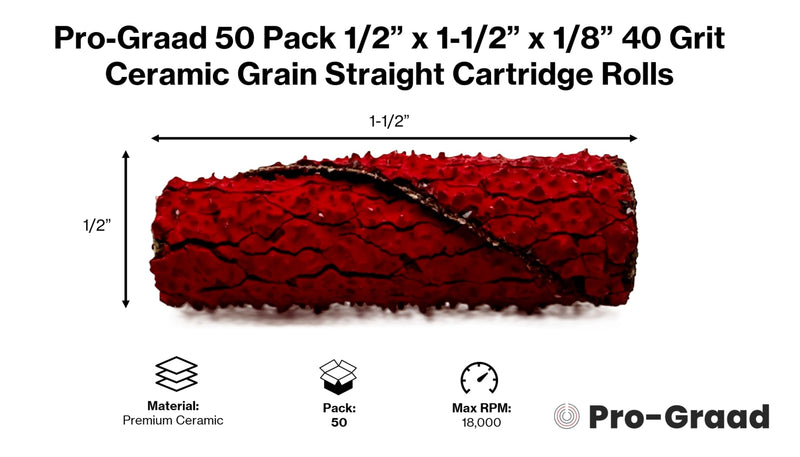 50 Pack 1/2” Diameter x 1-1/2” Length x 1/8” Pilot Hole 40 Grit Ceramic Grain Straight/Untapered Cartridge Roll, Pack of 50, Includes 1x CR-9 Mandrel 1/2" x 1-1/2" x 1/8" 40 Grit Straight