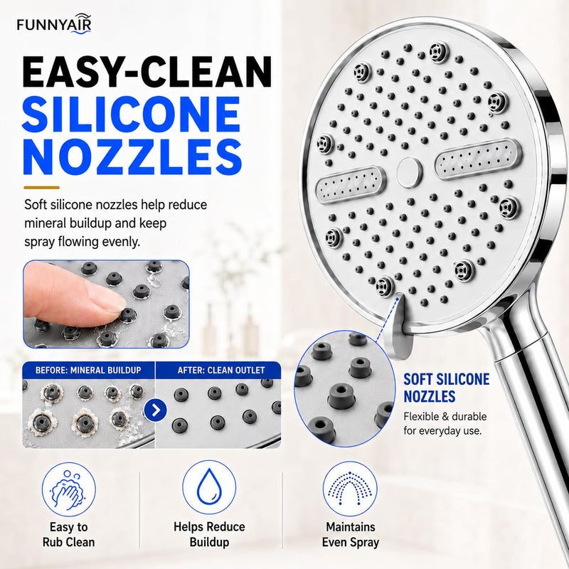 Handheld Shower Head, FunnyAir High Pressure Showerhead with 5 Spray Modes, 59 Inch Stainless Steel Hose, Dual 360° Adjustable & Adhesive Brackets, Ideal for Low Water Pressure Home, Apartment Chrome