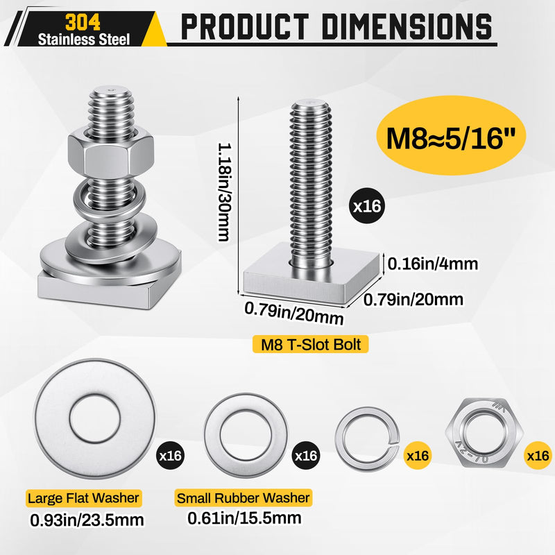 Shimeyao 16 Sets 304 Stainless Steel Square t Slot Bolts 16 Sets (M8x30mm, 20mm x 20mm x 4mm Bottom, Includes Washers, Nuts, and Screws)