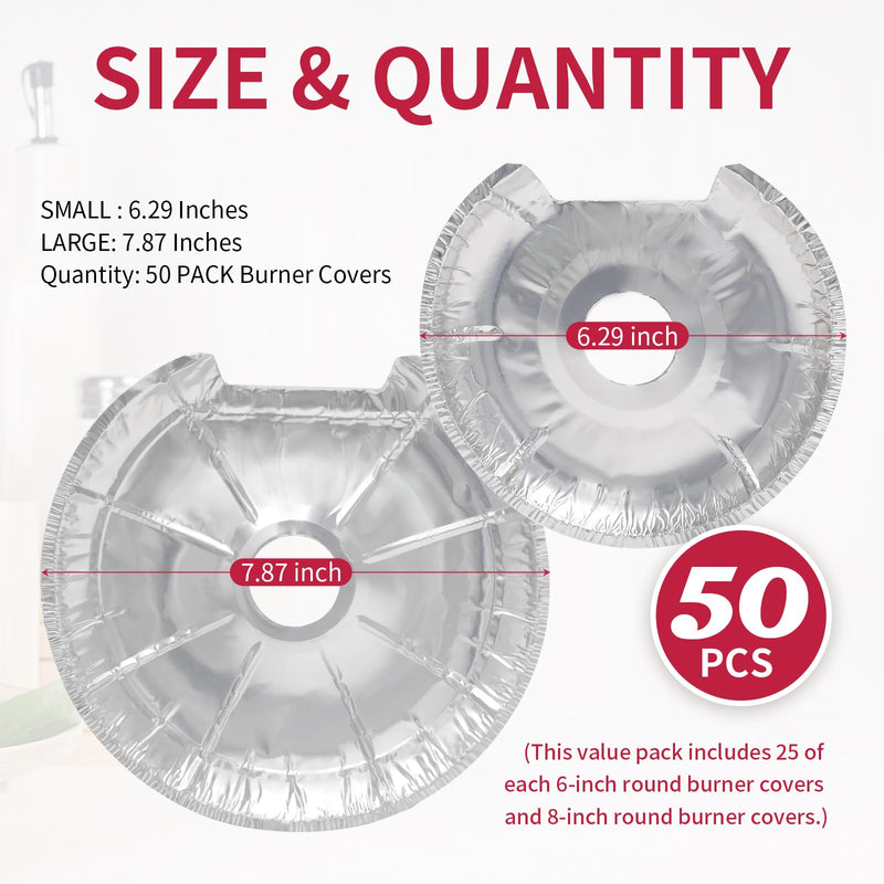50PC COZZIVITA Round Electric Stove Burner Covers - Stove Top Covers for Electric Stove Thicker Aluminum Foil Burner Liners - Disposable Stove Top Protector (25 * 6 Inch and 25 * 8 Inch) Electric Burner Cover (50Pack)