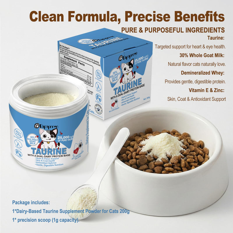 Taurine for Cats with 30% Whole Goat Milk, 0% Maltodextrin Iron-Free Cat Taurine Supplement for Cardiac & Vision Support, Hydrolyzed Protein Amino Acid Powder for Picky Felines - 200g