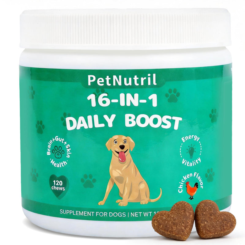 Dog Vitamins and Supplements, 16 in 1 Multivitamins Essential Dog Vitamin Minerals Chewable with Omega-3 Fish Oil Glucosamine Probiotics for Pet Hip Joint Coat Skin Digestion Health, 120 Chews