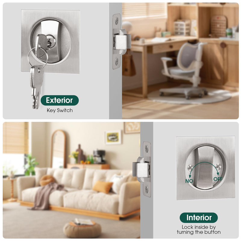 Square Pocket Door Lock, Satin Nickel Pocket Door Hardware, Sliding Pocket Door Lock with Key, Flush Pocket Door Latch for Bed/Bath Square Entrance