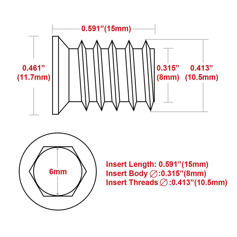40Pcs Anwenk 1/4"-20 x 15mm Furniture Screw in Nut Threaded Wood Inserts Bolt Fastener Connector Hex Socket Drive for Wood Furniture Assortment (with Hex Spanner) 15mm 40P