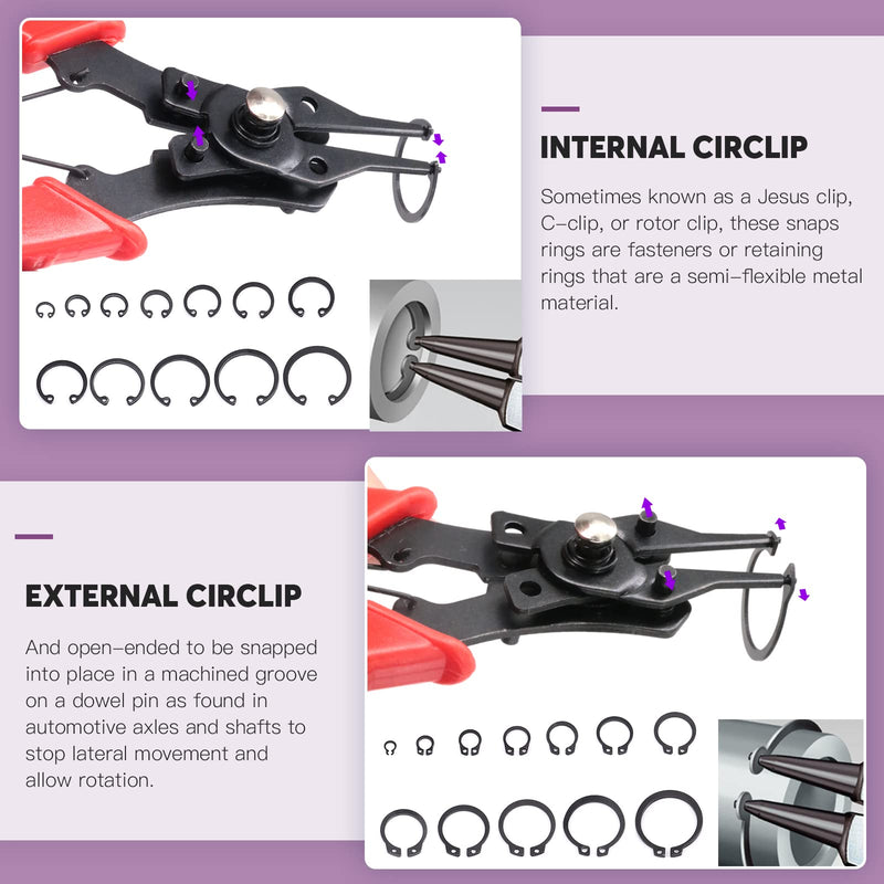 Swpeet 262Pcs 4 in 1 Snap Ring Pliers with 6 Sizes 4mm to 30mm Alloy Steel External Retaining Rings Internal Circlip Snap Retaining Clip Ring Assortment Kit for Pin Clips Internal External Repair