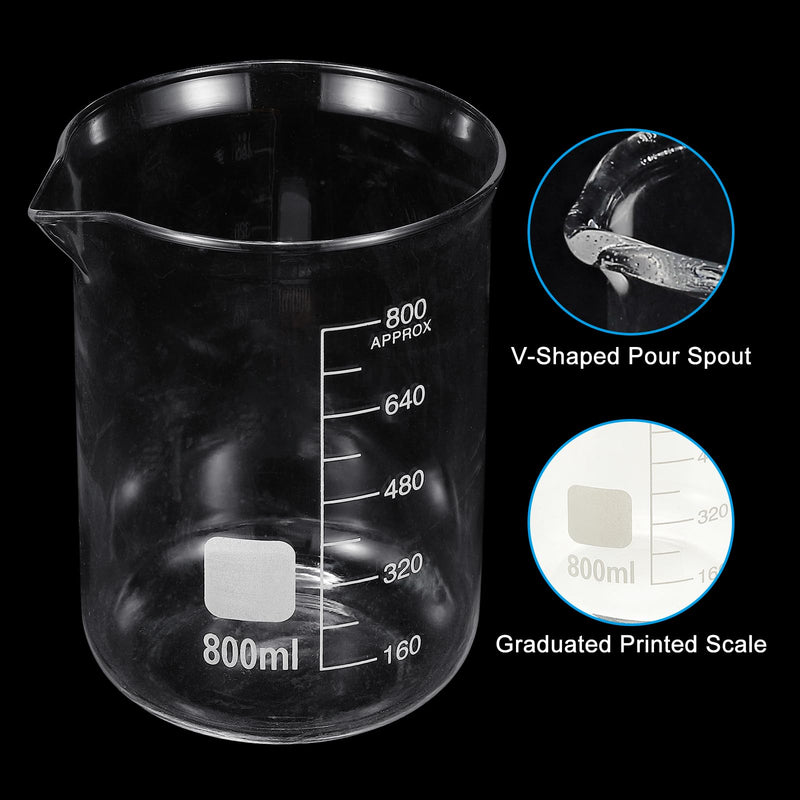 PATIKIL 800ml Glass Beaker, 2 Pack Measuring Glass Beaker Graduated Borosilicate Lab Cups Mug Low Form Heat Safe Transparent with Spout Label for Laboratory Science Kitchen Liquids