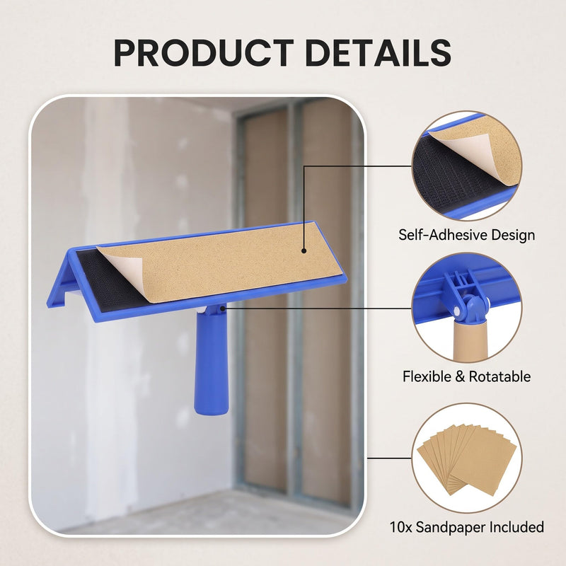 360° Rotating Drywall Corner Sander with Self Adhesive Sandpaper Holder for Drywall Corner Sanding and Putty Finishing