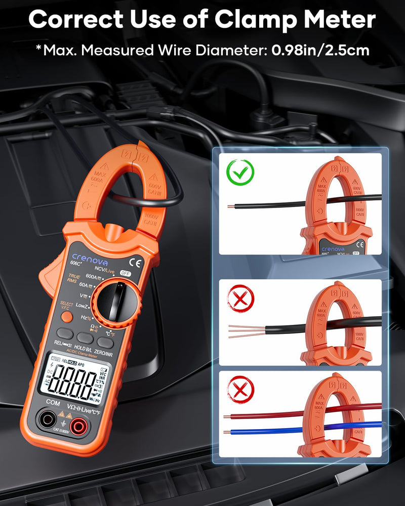 Crenova Digital Clamp Meter, TRMS Clamp Multimeter, 6000 Counts Amp Tester for AC/DC Current/Voltage, Resistance, Capacitance, Frequency, Duty Cycle, Temperature Continuity, Diode, NCV, Live Wire Test