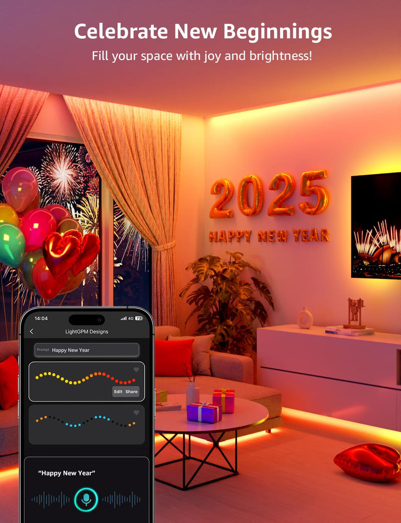 Lepro S1 AI LED Strip Lights for Bedroom - 16.4ft Smart RGB Light Strips with IC and Rainbow Chasing Effects, Color Segment DIY, AI Generated Lighting for New Year, No Remote, 2.4G Wi-Fi & Bluetooth