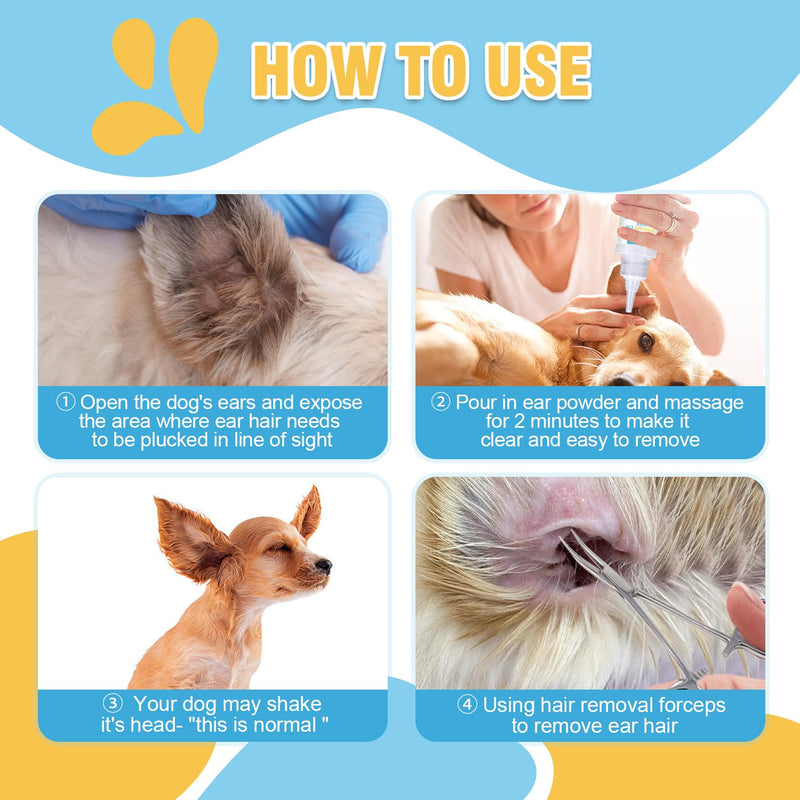 Dog Ear Powder for Hair Removal Kit – 42g Ear Powder for Dogs with Curved Grooming Tweezers, Helps Remove Excess Ear Hair & Reduce Odor for Poodles, Schnauzers, Shih Tzus & Other Breeds white