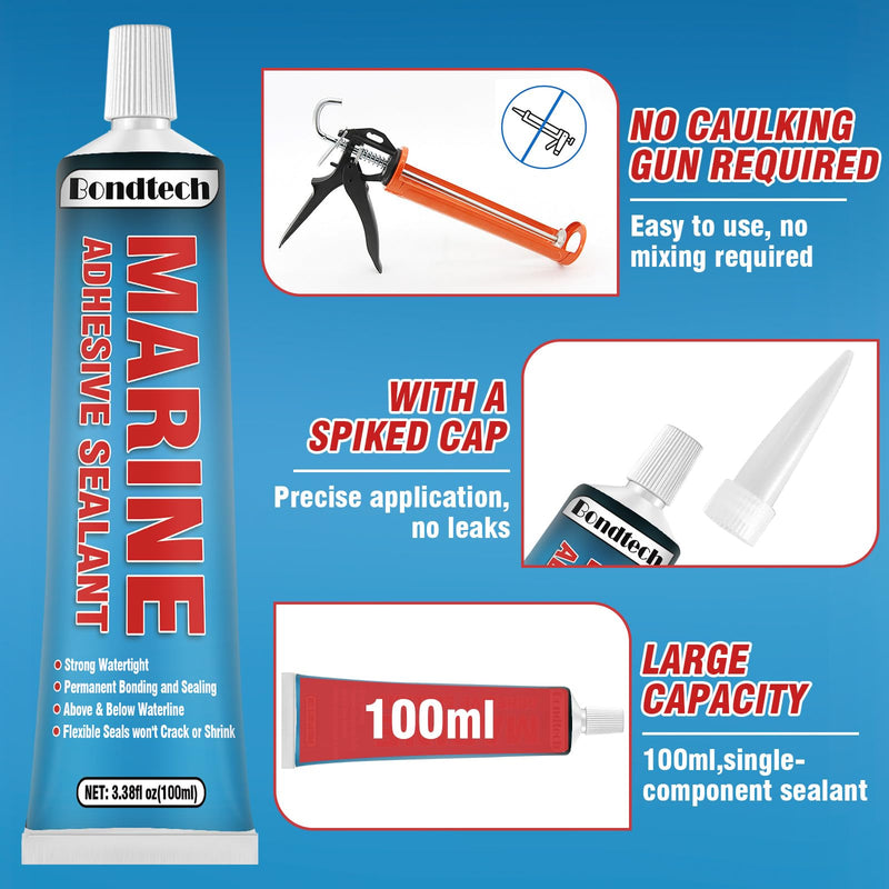 3.38 oz Marine Sealant White, Marine Adhesive Permanent, Silicone Sealant High Strength, Watertight Bonding and Sealing, UV Resistant, Fast Cure, Above & Below Waterline