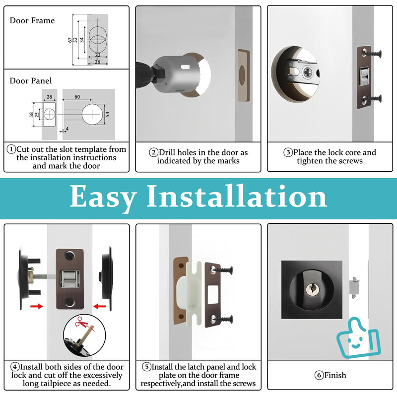 Pocket Door Lock with Key, Matte Black Sliding Door Hardware Privacy Door Latch Bifold Door Locks for Bathroom Bedroom Home Replacement, Fit for Standard Doors with 1" Diameter Holes