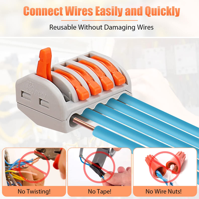60Pcs Lever Nuts Wire Connectors, 2 3 5 Port Compact Splicing Electrical Wire Connector Assortment Kit for Wiring 28-12 AWG, Quick Connect Electrical Terminals