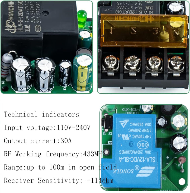 AC110V Wireless Light Switch and Receiver kit,AC110V/120V/240V/30A Relay RF Remote Control with 328FT Long Range for Smart Home,Pump Control,Industrial Electrical Equipment. 110V-240V remote switch