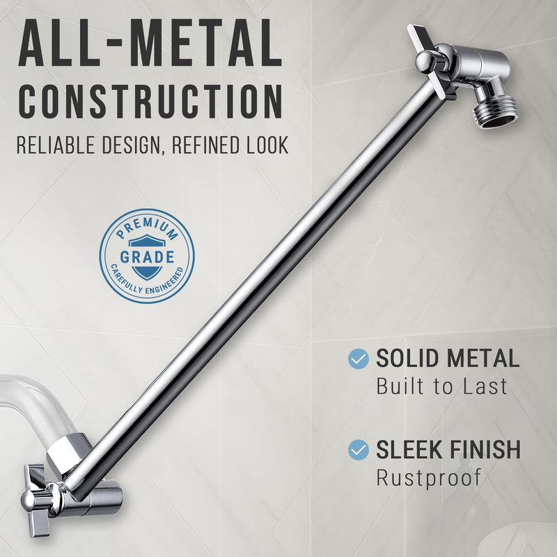 G-Promise 13.5 Inch All Metal Shower Head Extension Arm, Adjustable Extender with Locking Screw for Rise or Lower Rainfall and Fixed Shower Head, Universal G1/2 Connector Replacement Part (Chrome) Chrome