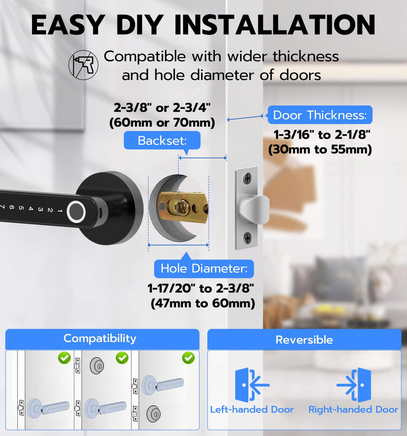 eLinkSmart Fingerprint Door Knob Lock, Smart Keyless Entry Door Lock with Code Keypad Handle, Electronic Biometric Security Locking Door Lever Locks for Bedroom Apartment Hotel Interior - Black