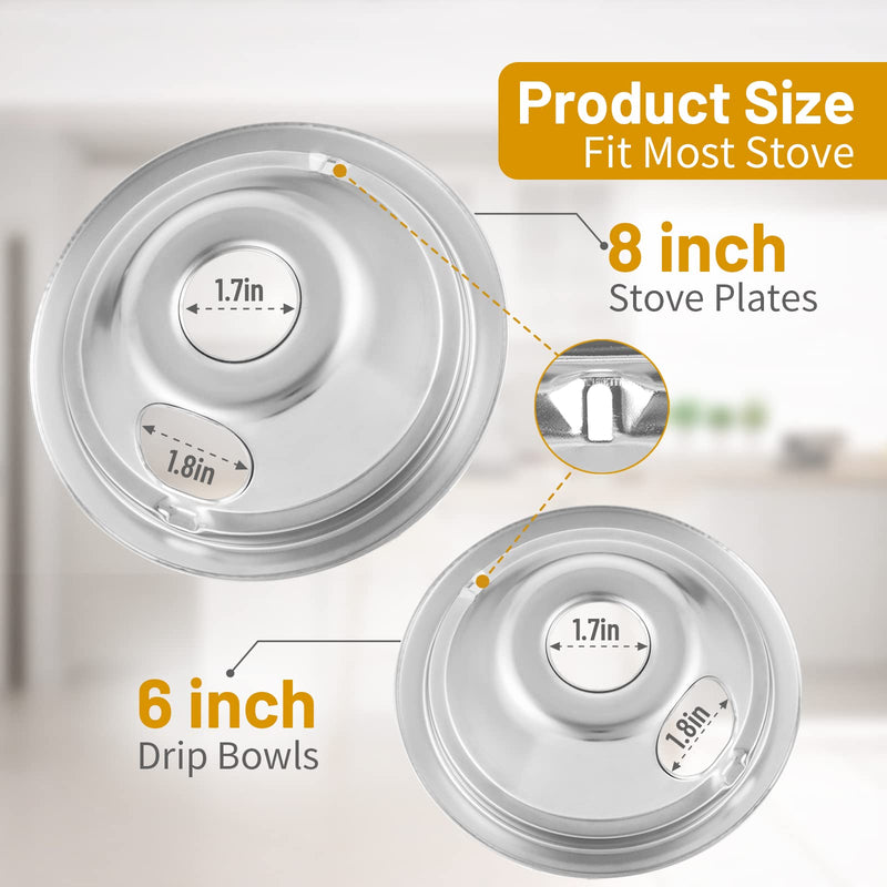 4-Piece Drip Pans Set - Compatible with GE Stoves - Chrome Finish Electric Stove Burner Drip Pans - 2 x 6inch, 2 x 8inch Stove Drip Pans - GE Stove Drip GE/Hotpoint GE-Silver