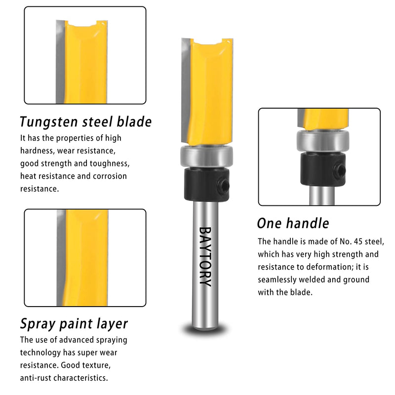 BAYTORY Professional Pattern Flush Trim Router Bit Set with 1/4 inch Shank, 4Pcs 1/2" Cutting Diameter Carbide Bits with Top Bearing Prevent Tear-Out, Template Guide Woodworking Milling Cutter Tool 1/2" Cut Dia.