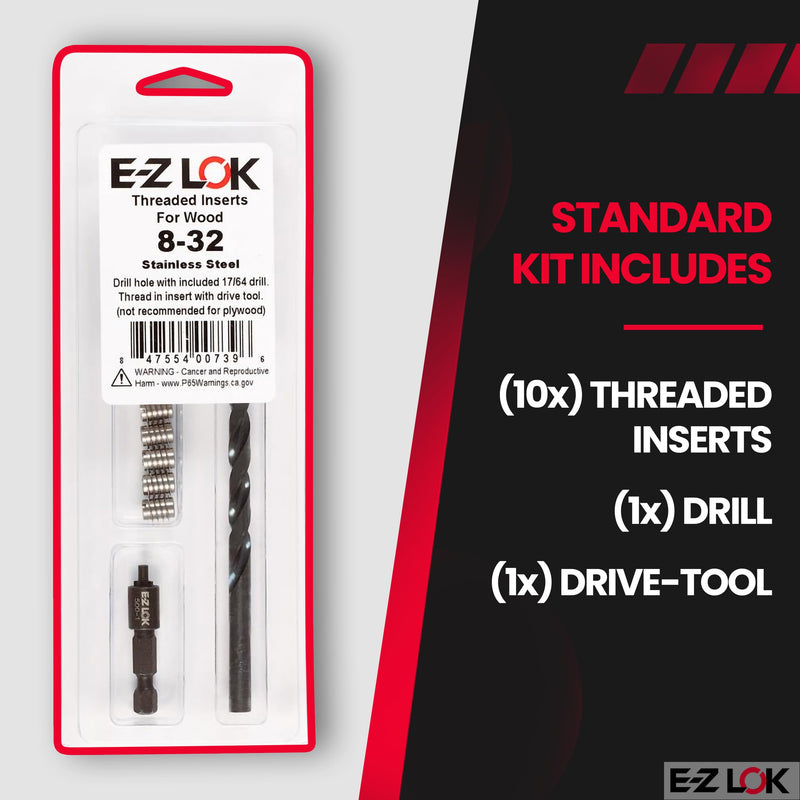 E-Z LOK 400-008-CR Thread Installation Kit for Hard Wood Stainless Steel Threaded Inserts 8-32 (10), Drill, Installation Tool