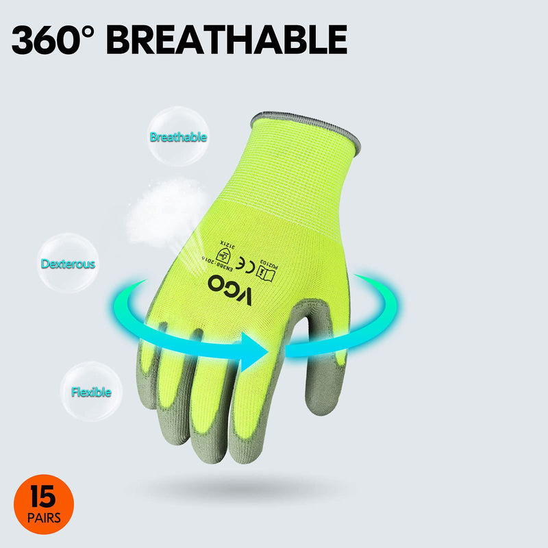 Vgo... 15-Pairs Safety Work Gloves, Gardening Gloves, Polyurethane Coated, Dipping Gloves, Latex Free (Size L, Yellow, PU2103) Large (Pack of 15)
