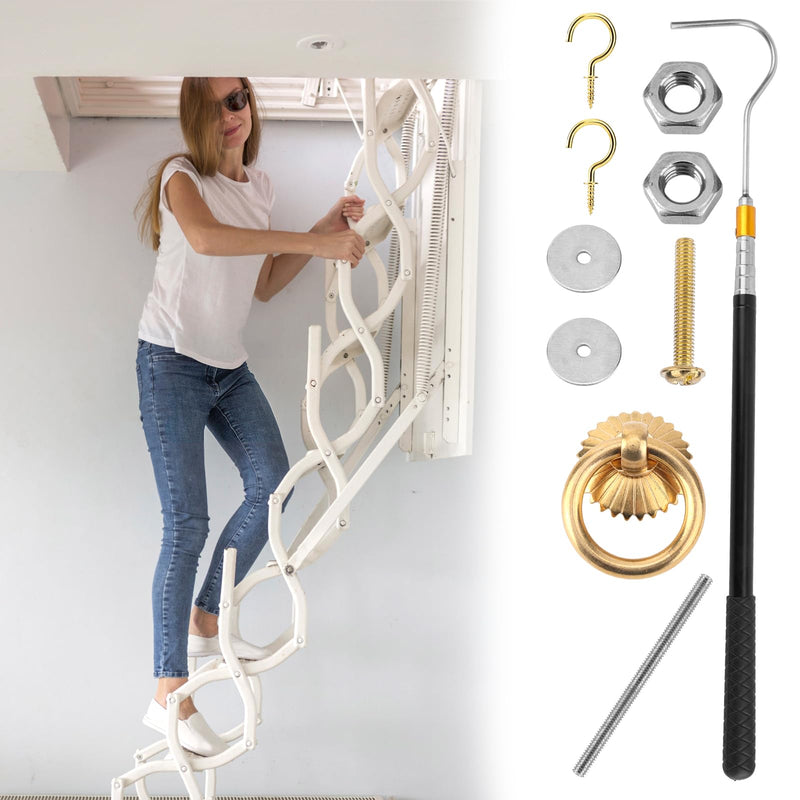 Ladder Pull Down System Kit, Attic Stairs Door Pull Replacement Set with Up to 64in Retractable Tie Rod with Hook M4 Screw Screw Nut Extension Pole and Copper Storage Hook Handle Part Tool Accessories