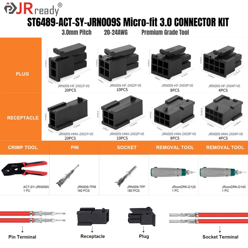JRready ST6489 Micro-Fit 3.0 Dual Row 2 4 6 8 Circuits Connector kit, w/Crimp Terminals 20-24 AWG, Molex Extraction Tool, Compatible with Molex Micro-Fit 3.0 Connector, 3.0mm Pitch, 446 Pcs Micro-Fit 3.0 Connector Kit
