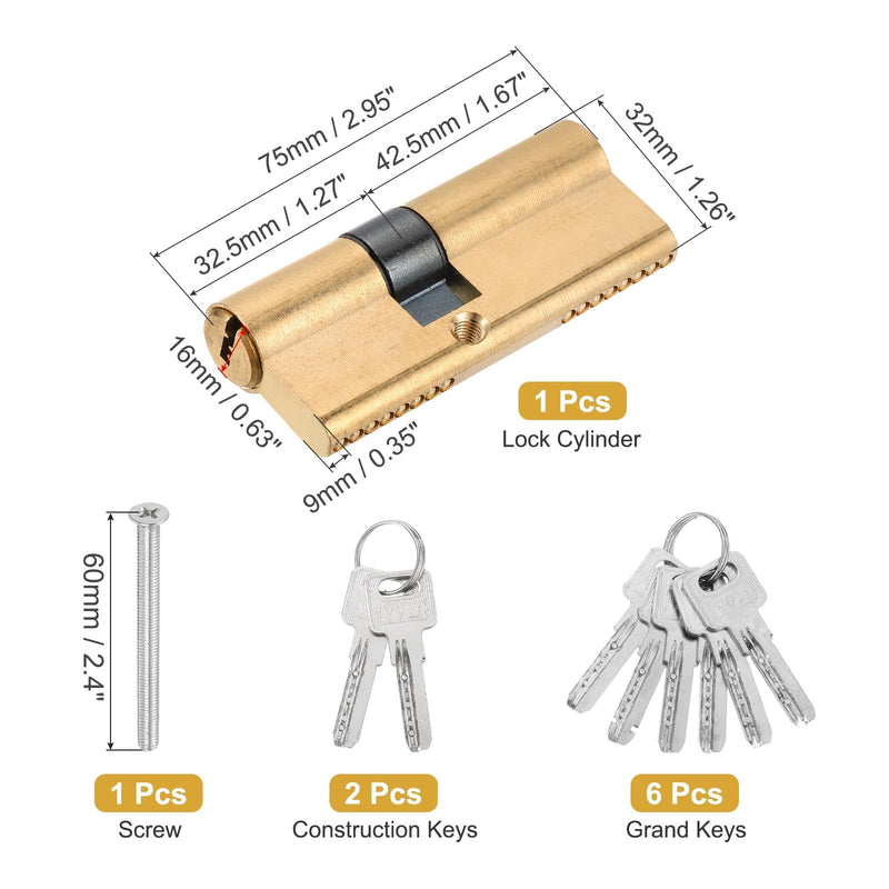 Solid Brass Lock Cylinder (75mm 32.5/42.5) - Double Lock Doors Lock Cylinder Replacement with Mounting Screw and 8 Keys for Wooden and Aluminum Doors 75mm 32.5/42.5