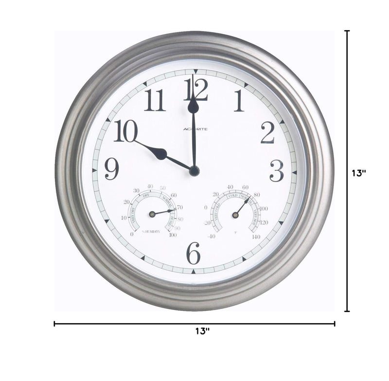 AcuRite 14-inch Indoor/Outdoor Wall Clock with Thermometer and Hygrometer, Pewter 13-inch