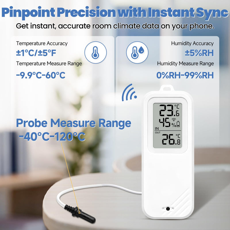 WiFi Refrigerator Thermometer Hygrometer with Alarm, Freezer Temperature with Probe, Wireless Digital Fridge Thermometer Humidity Sensor, Free Data Export for Home Kitchen Fridge Tub 1 - NewNest Australia