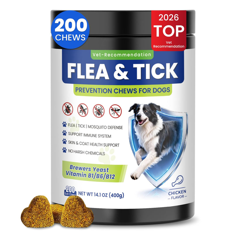 Flea and Tick Protection for Dogs-200 Natural Soft Chewable Fleas Ticks Pests Defense Supplement Supports Skin Coat Immune Health-Daily Oral Flea Tick Treatment All Breeds Ages-Chicken