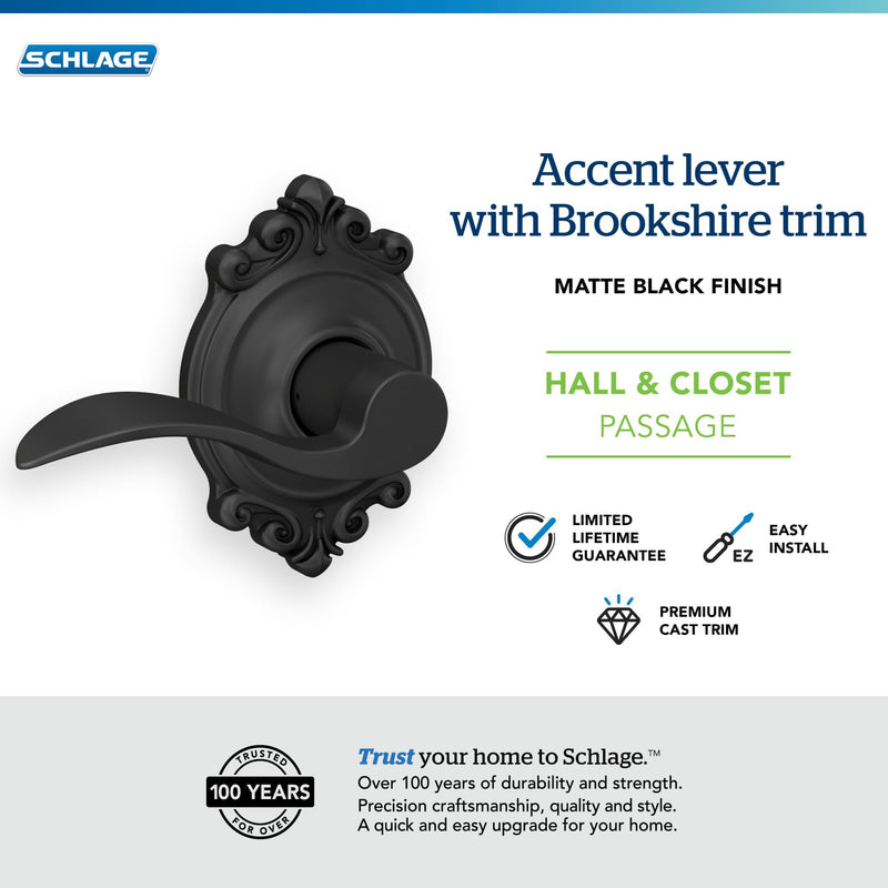SCHLAGE Trim with SCHLAGE Hall and Closet Lever, Matte Black (F10 ACC 622 BRK)