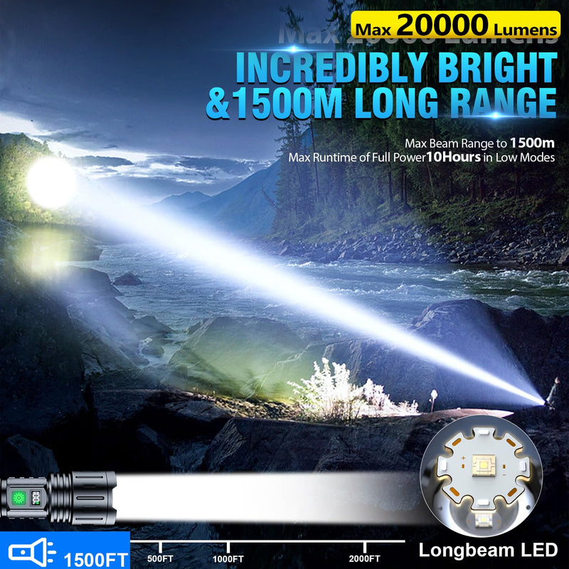 Flashlights 20000 High Lumens Rechargeable - 1500 Meters Long Beam Super Bright LED Flash Light with Power Display & IPX5 Waterproof for Camping, 20H Runtime,5 Modes,Zoomable Handheld Flashlight high lumen flashlight