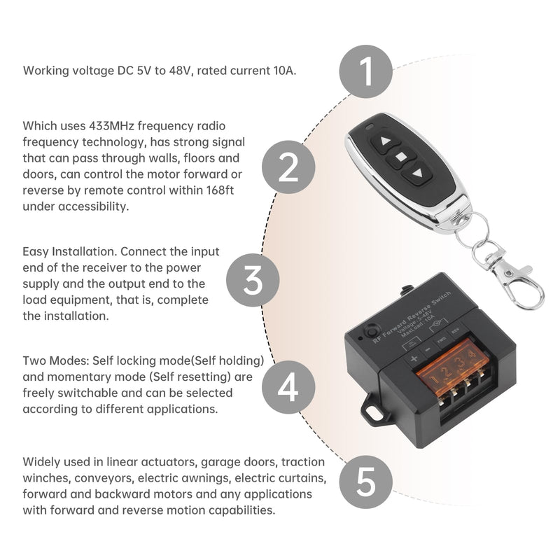 DC 5V-48V 10A Forward Reverse Remote Control Switch Linear Actuator Controller Winch Solenoid Relay Contactor, Forward Reverse Switch