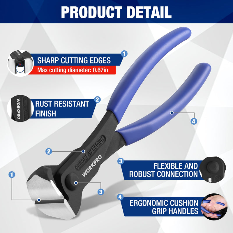 WORKPRO 7 Inch Nail Puller, End Cutting Pliers - Black Finish Chrome Vanadium Steel, High Leverage End Cutting Nipper, Carpenters Pincers, End Snips for Pulling Nails or Cutting Wires Small