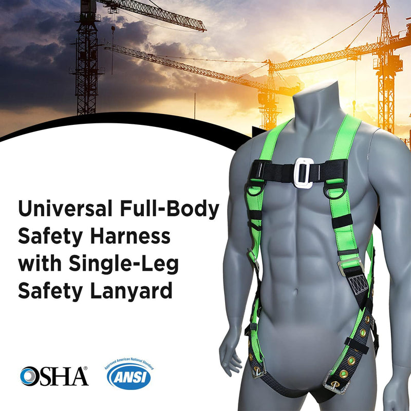 AFP Universal Full-Body Safety Harness w/Dorsal D-Ring Tongue Buckle Legs High-Viz Green, Shock Absorbing Lanyard (OSHA/ANSI) 1 Pack Harness + Single Leg Lanyard W/ Snap Hooks - NewNest Australia