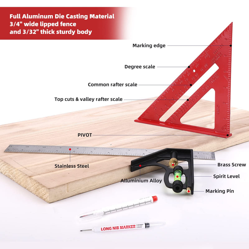Rafter Square and 12 inch Combo Square Set, Carpentry Squares, Combination Square with Bubble Vial, Woodworking Square, Aluminum Rafter Square, Carpenters Square(Red) Red