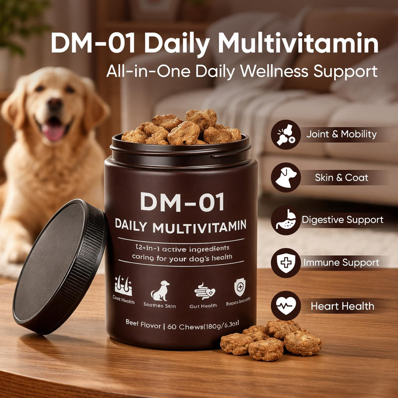 DM-01 Daily Multivitamin for Dogs - Advanced Hip & Joint Support, Boosts Immune System & Digestion, Promotes Skin, Coat & Organ System Health, Enhances Activity & Mood, 60 Chews (1) 1