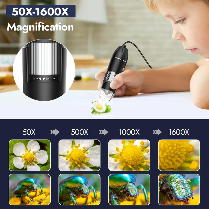Digital Microscope, 50X-1600X Magnification Portable USB Microscope with Adjustable Stand, Mini Microscope Camera Compatible with iPhone, iPad, Android