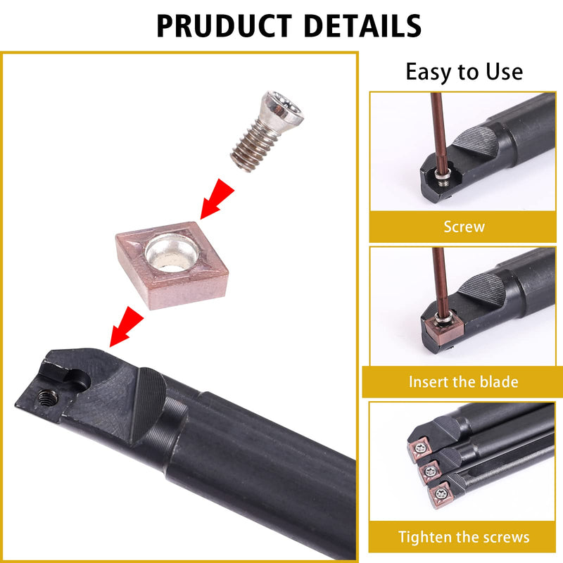 VerRich 13PCS Indexable Lathe Turning Tools Set,3 Pieces Boring Bar S07K-SCLCR06,S10K-SCLCR06,S12M-SCLCR06 Turning Tool Holder with 10pcs CCMT060204 Carbide Inserts 3PCS SCLCR06 Holders+10pcs Inserts