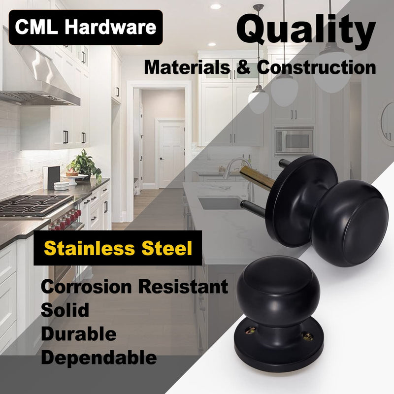 CML Hardware (4 Pack) Passage Door Knob, Matte Black Interior Door Lock Set for Hallway or Closet, No Locking, Round Ball Handle 4 Pack Passage Knob