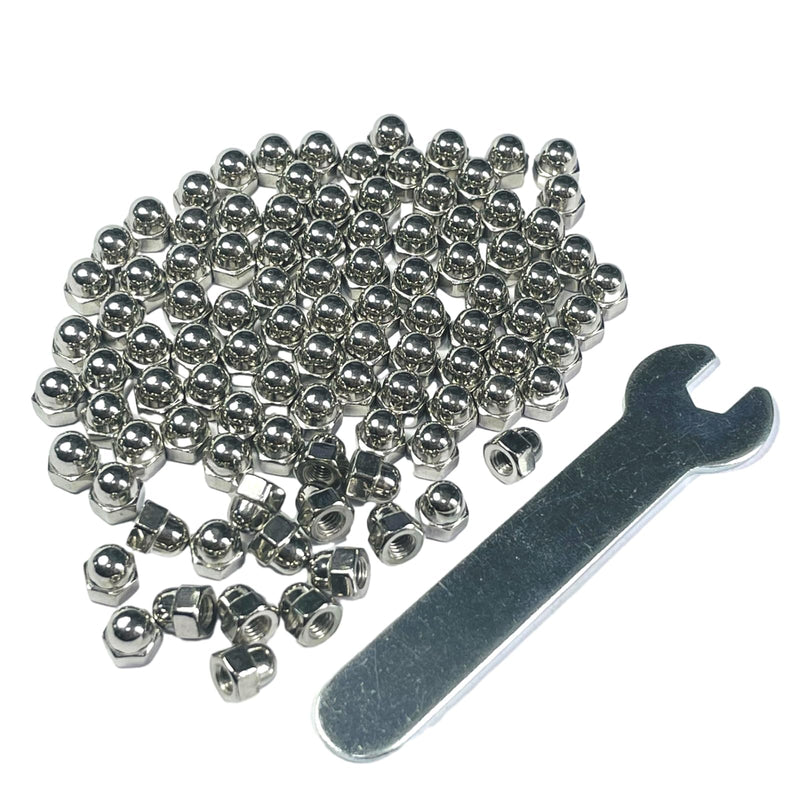 100pcs M3-0.5 Acorn Cap Nuts,M3-0.5 Cap Nuts,Acorn Hex Cap Dome Head Nuts,Dome Nuts,304 Stainless Steel Acorn Nuts,Hardware Nuts,18-8,Bright Finish with Open End Wrench