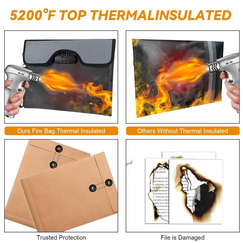 5200°F Fireproof Document Bag with Lock,Upgraded Fireproof Bag with Zipper/Reflective Strip,9 Layers of Heat Insulated Materials,Fireproof Money Bag for Cash,13.2"x10.5" Fireproof Pouch with Handle