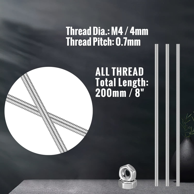 LEIFIDE 8/32 Inch 4mm Threaded Rod with Hex Nuts 4mm Stainless Steel Threads Studs Rods Stainless Steel Fully Threaded Hex Nuts for Beaded Garden Stake Rods(24 Pcs,8 Inch) 8 Inch 24