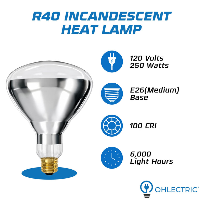 OHLECTRIC 250-Watt Heat Flood Lamp Light Bulbs (2-Pack) Shatterproof Bulbs, R40 Reflector, E26 Medium Base, Clear Head Lamps, 120V, 6,000 Hour Rated 2