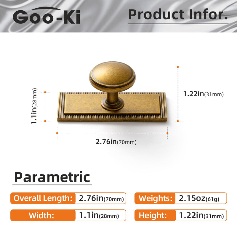 Goo-Ki 6 Pack Antique Brass Cabinet Knobs with Backplate Zinc Alloy Kitchen Hardware - Vintage Brass Single Hole/Screw Drawer Pulls Solid Cabinet Handles with Spacer G022