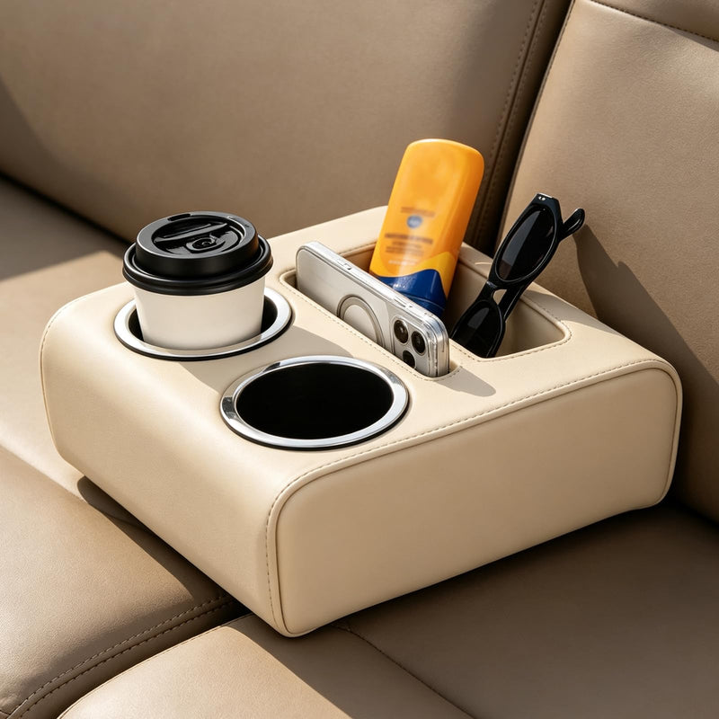 QualyQualy Pontoon Boat Cup Holder, No Drill Double Drink Holder with Side Pocket, Portable Cup Holder Organizer for Boat, RV, Car & Couch, 3.5" ABS No Rust Base Fits 12-40oz Cans & Tumblers, Beige Large-Beige
